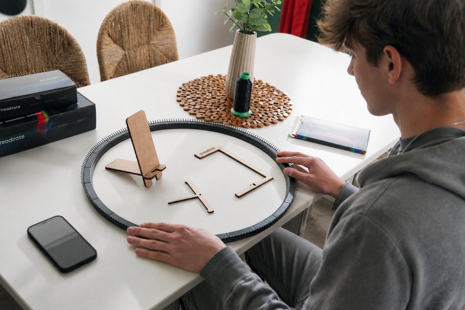 The Threaditate loom and kit pieces laid out on a table